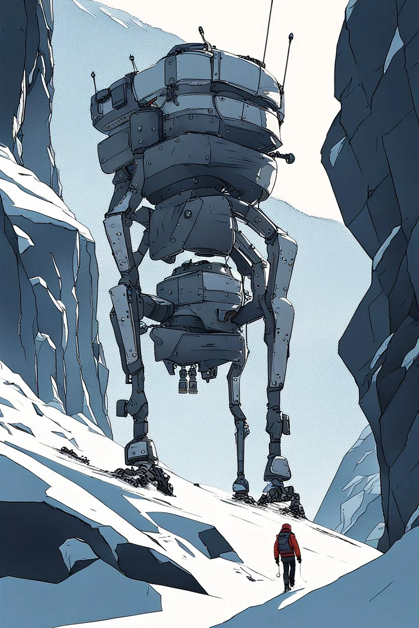 a minimalist silhouette of a sleek mechanical walker with eight legs scaling a very steep snow covered side of mout everest at night, it has a smooth surface, it has storage pods on its belly and humans can fit in the pods