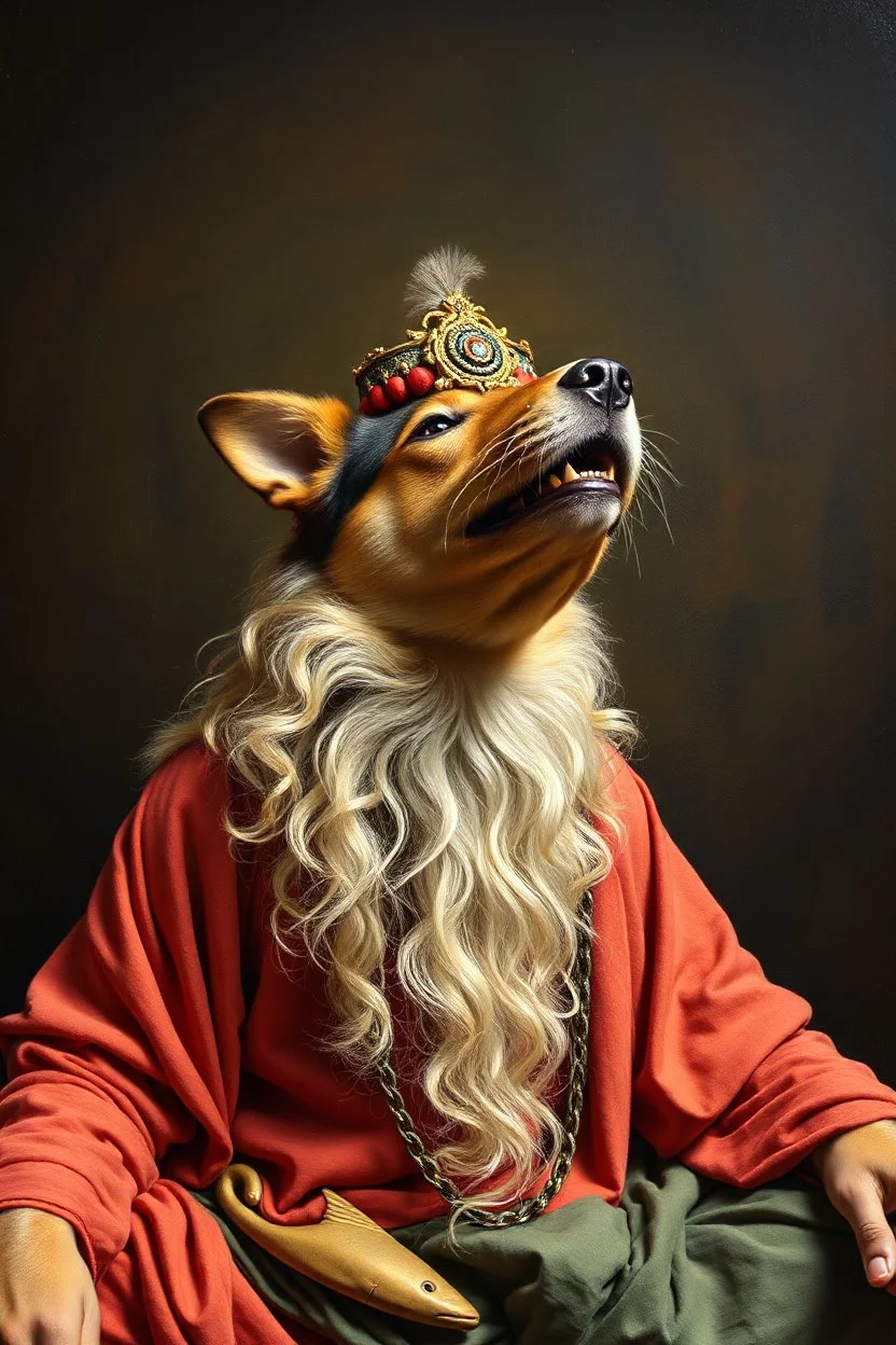 pin hole cam, master oil painting by Rembrandt,ohm ri shi lahkshmi super guru with lots followers looking like a salmon dog yoga guru