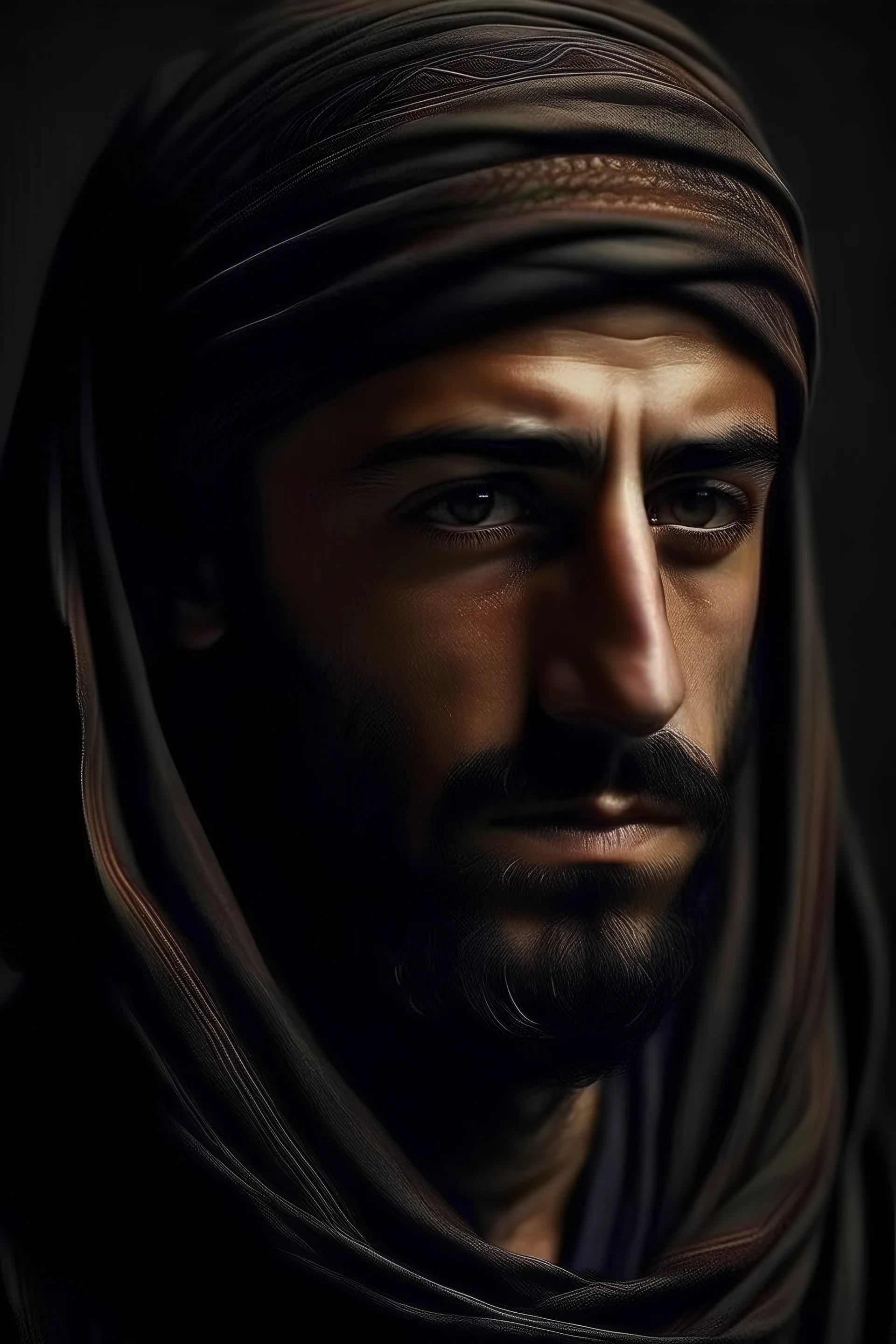 I want a picture of an Arab man wearing a head covering with a dark face.