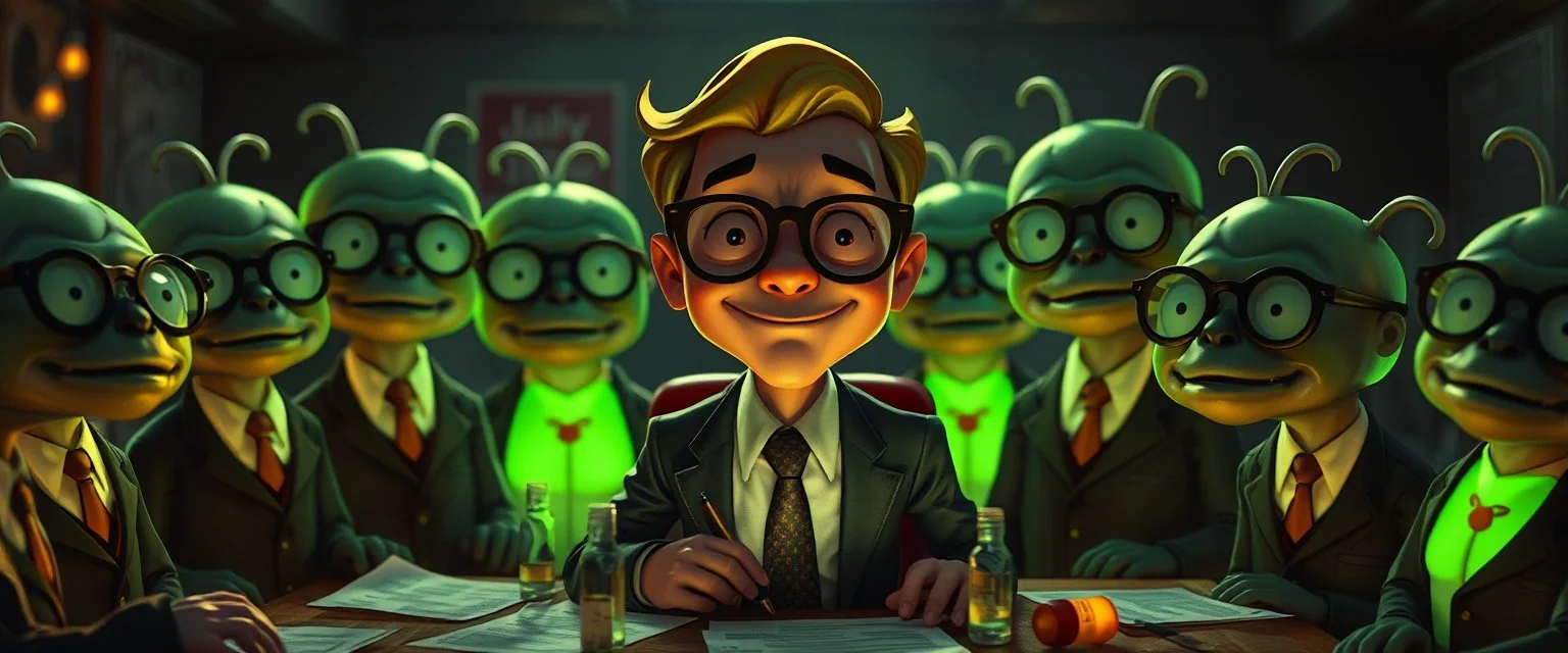 in the style of fallout 4, A close up portrait of one person in group of mutated glowing, cartoonish uranium creatures in a dimly lit boardroom, wearing tiny suits and glasses, with playful but slightly mischievous expressions. Their bodies emit a soft greenish glow. The room is filled with scattered papers, glowing vials, and miniature nuclear reactors. Style: whimsical digital illustration, cinematic lighting, colorful, slightly exaggerated features, playful yet mysterious atmosphere.