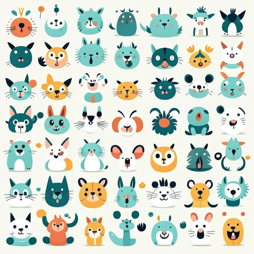 Icons, set of icons, animal world, animals, various poses and movements, various emotions. Joy, Anger, Sadness, Happiness, Cute and cartoonish, Reversible, Crisp facial details, Simple, Minimalist, abstract