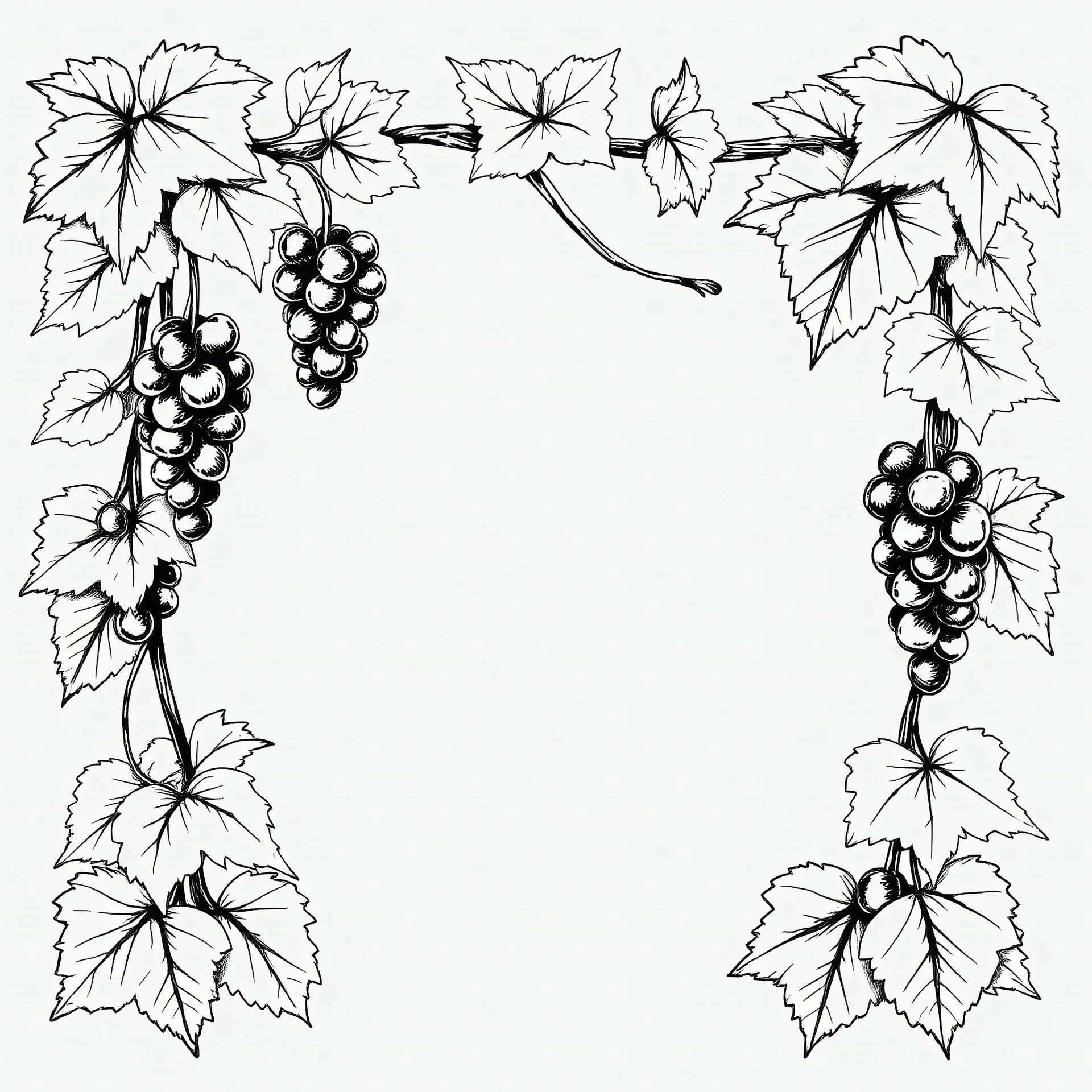 Black pen drawing of a square frame made with hanging grape bunches and raisins and vine leaves