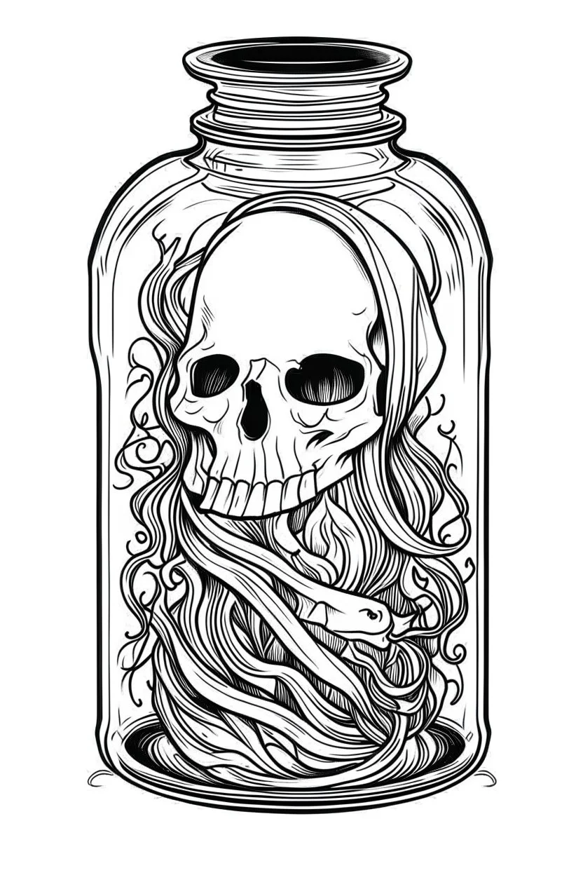 spooky ghost stuck in the jar idea, line art, background, vector, svg, black outline on white background, leave plenty of white space beetween lines for coloring, tattoo style, tattoo idea,full body, minimalist