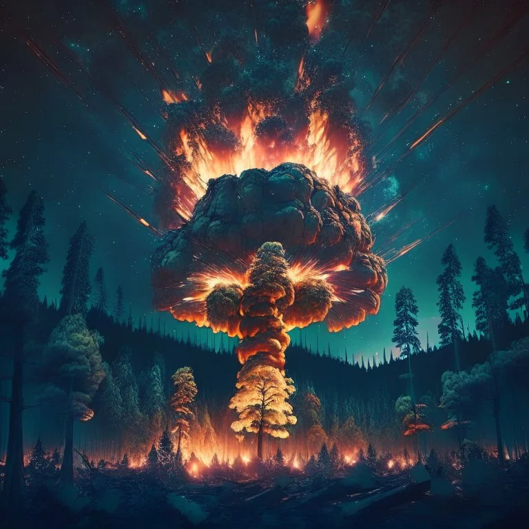 giant radioactive explosion destroy a forest, night starry sky in background, 8k resolution, photorealistic, ultra detailed