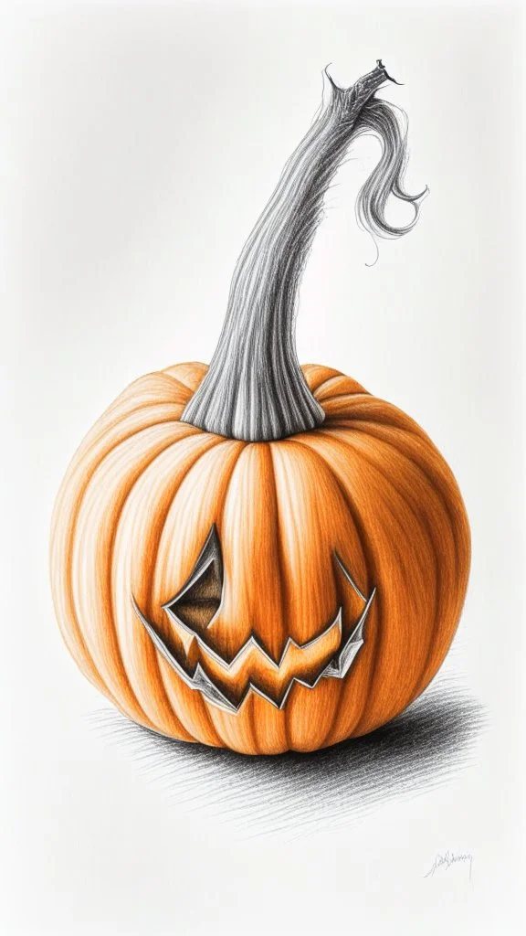 pencil drawing of a pumpkin. Spooky, scary, halloween, white background, colored pencils