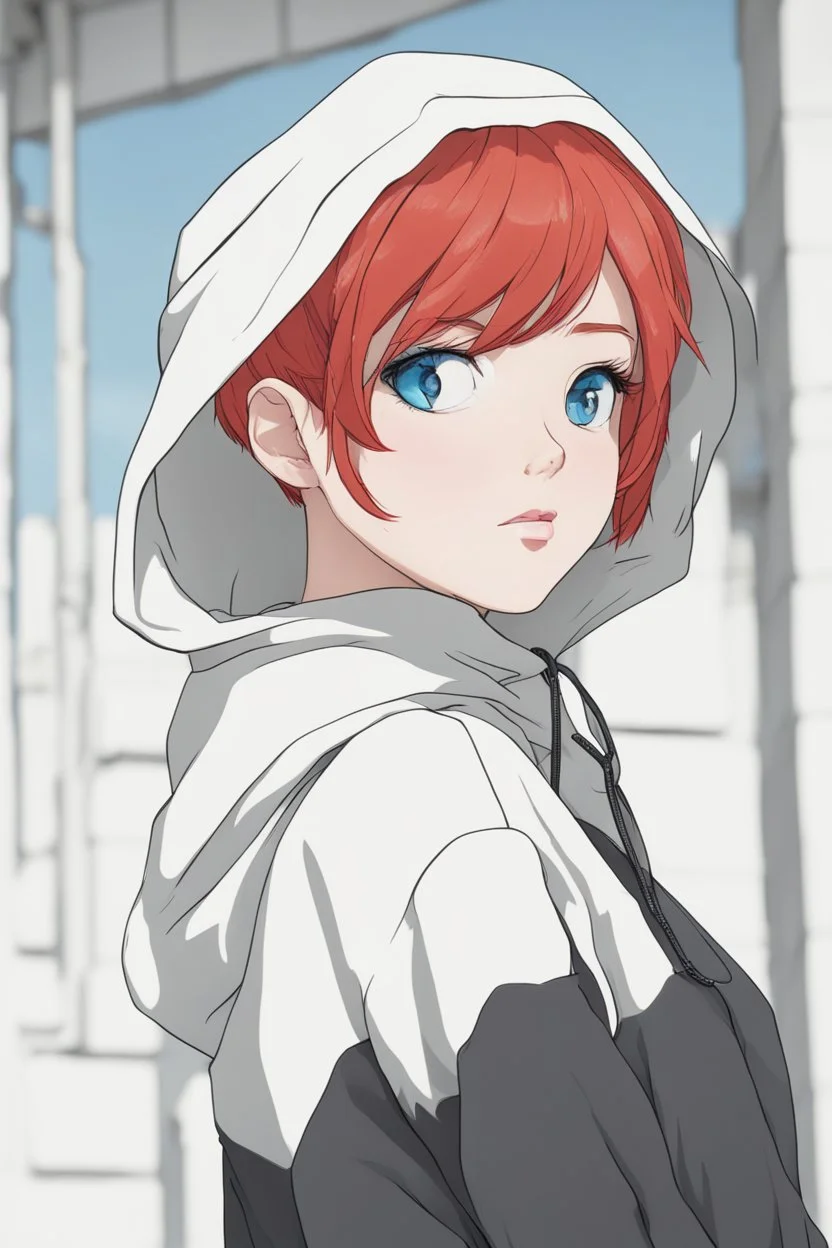 Woman with bright, short red hair, blue eyes, wearing a black hoodie