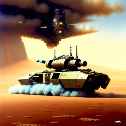 Chris Foss painting of a battle scene with an armored hovercraft with gun turret in the desert with stormy sky and a duststorm