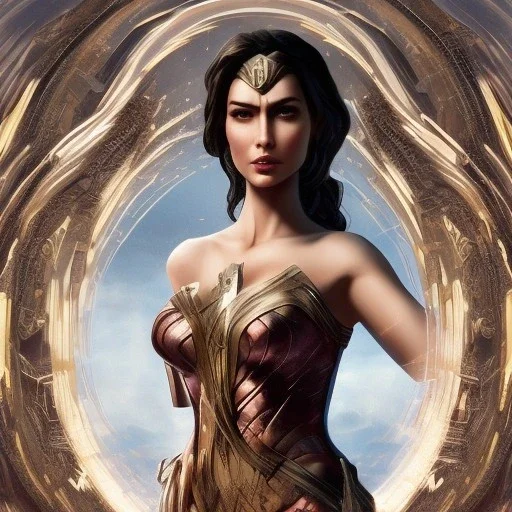 Wonder woman posing in front of a mirror, futuristic design, a paradise in background, close-up face, geometric armor, female face, 3d unreal engine, black face, close up armor, church detail, lovely face