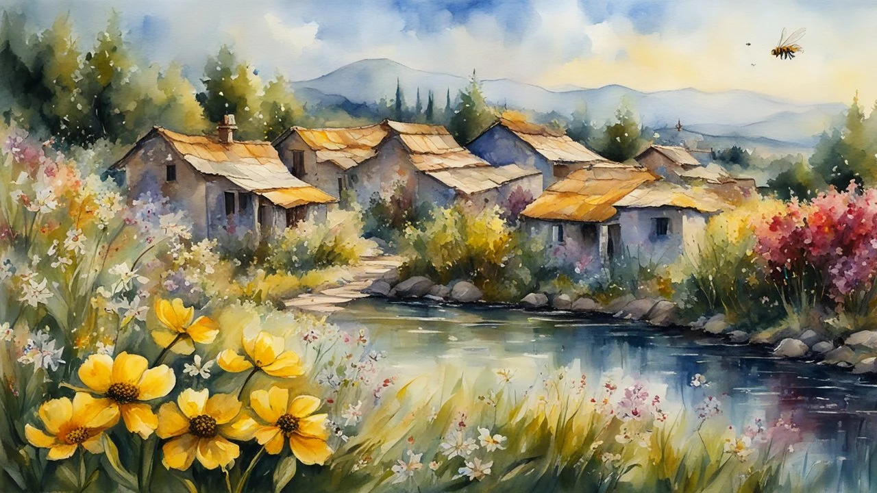 watercolor, impressionism, Byzantine oil painting on alcohol depicting a village, a bee on a flower, 32k resolution, hyper-detailed, fine details, fine rendering, airbrush strokes, 8k resolution concept art, hyper-detailed, complex detailing