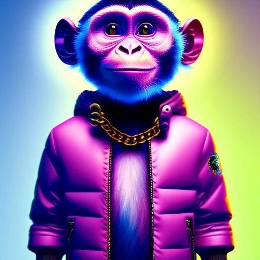 pixar style anamorphic cute cyberpunk monkey baby, smiling,gangsta gold neckless, full body, magenta puffer jacket, manila city backdrop, dramatic lighting, hyper realistic, unreal engine 5, 16k