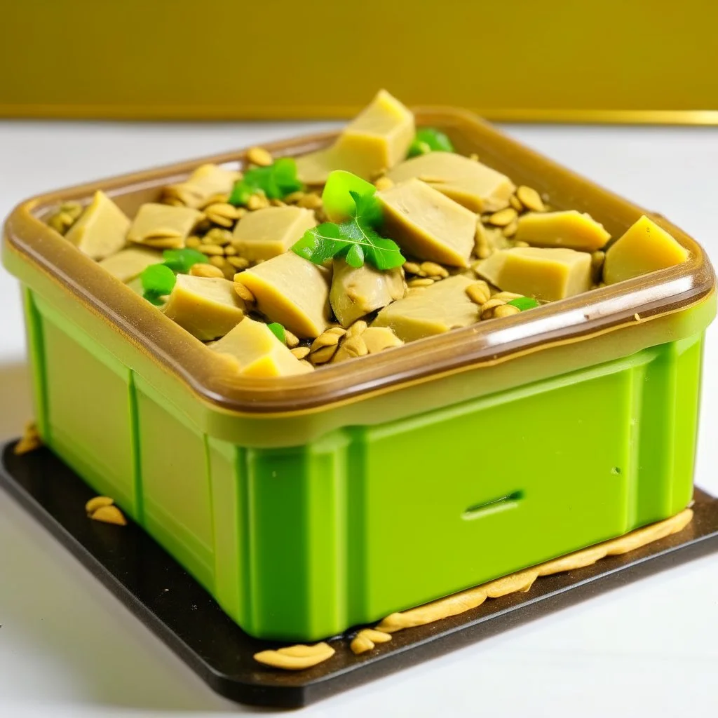 A plastic box of halva with small pistachio pieces around it