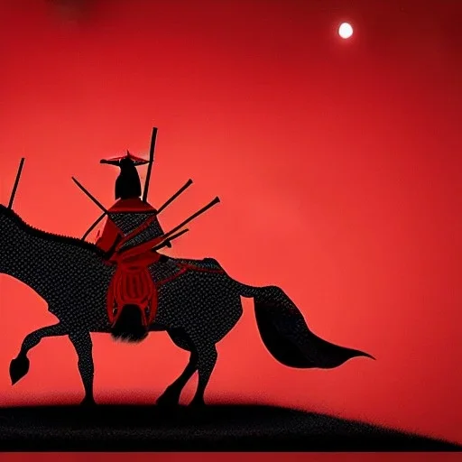 red samurai riding a red rhino, full moon, transparent background