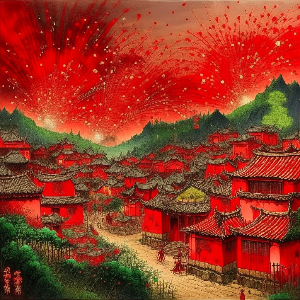 A red Chinese village with fireworks painted by Guo Xi