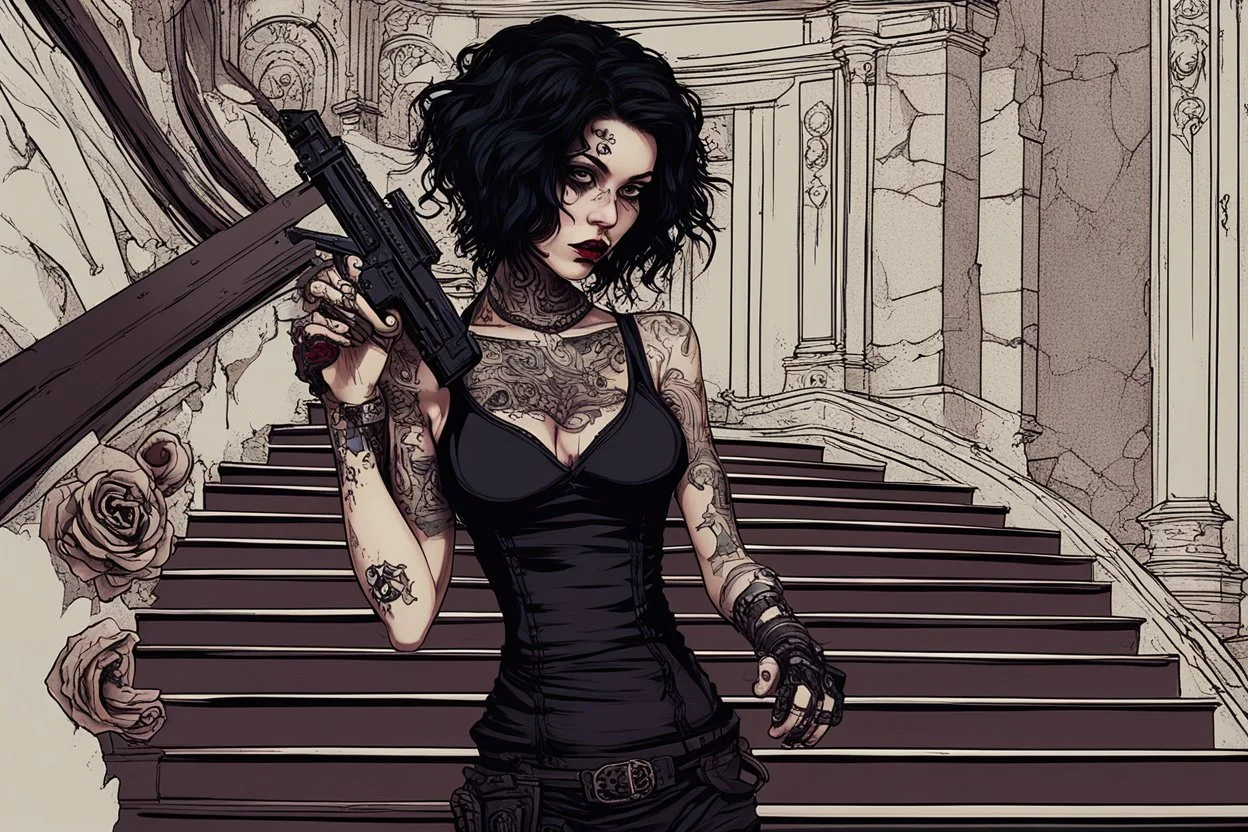 scarred cyberpunk vampire girl with tribal tattoos short curly dark cyberpunk hair descending the staircase in decaying gothic mansion with automatic pistol in hand at dawn