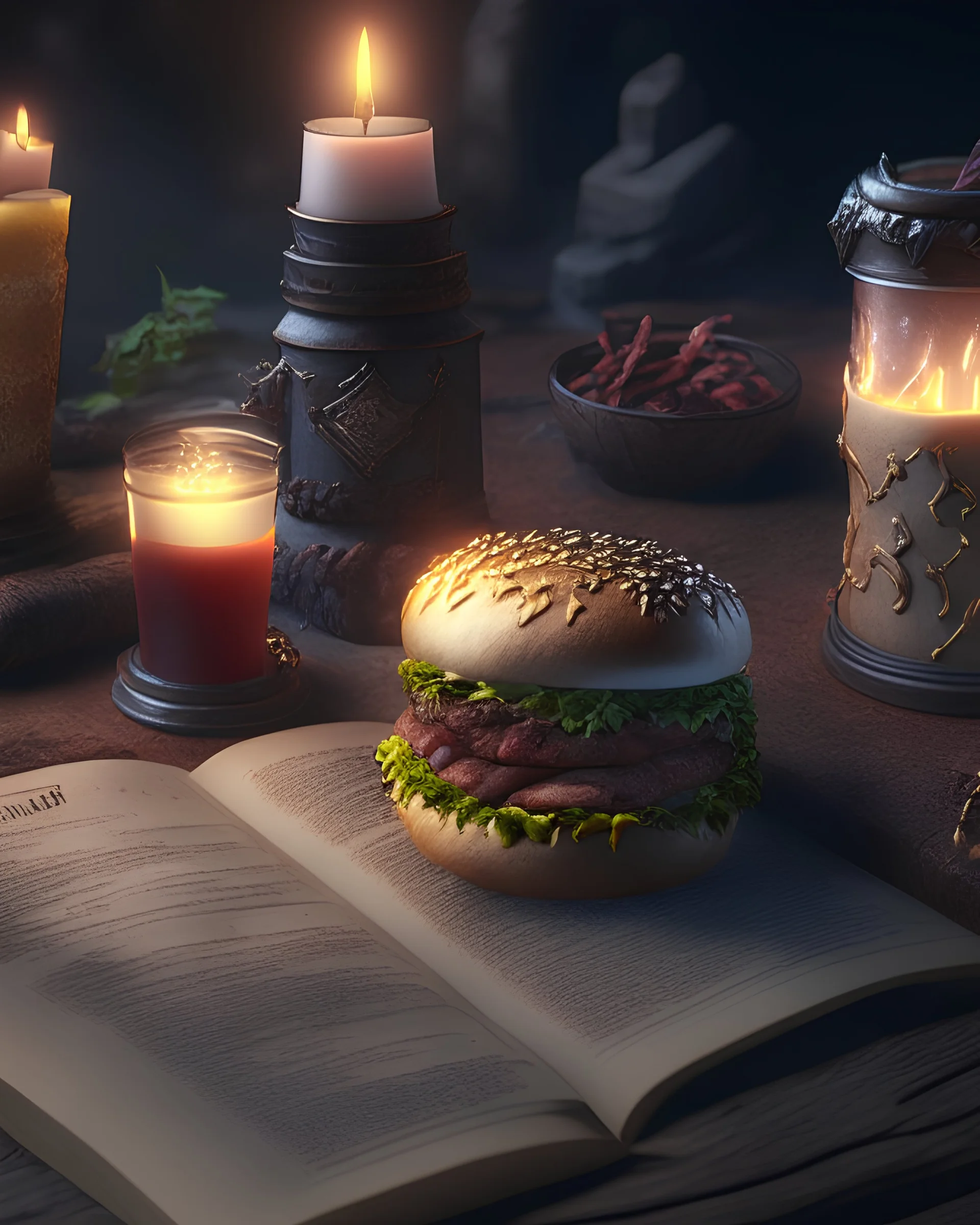 Photoreal Gorgeous large dungeons & dragons fantasy style burger menu with milkshake, fries, candle, wax and an old fantasy book by lee jeffries, octane render, 8k, high detail, smooth render, unreal engine 5, cinema 4d, HDR, dust effect, vivid colors