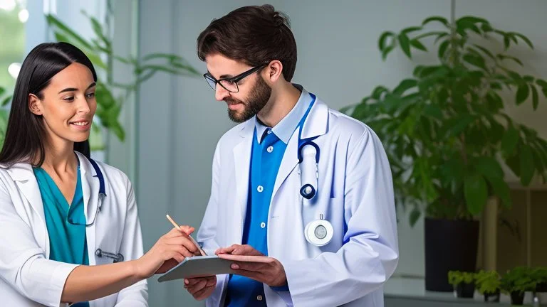 male and female doctor with stethoscope examining bunch of herbal plants and smiling