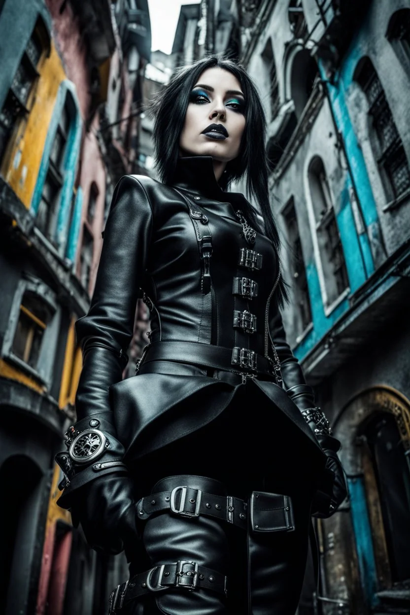 top view a grey-black colors goth girl in (futuristic cyber-steampunk black leather cloth) and black boots looking up into the camera, in background colorful street detail, detalied, cinematic, Selective Color Art