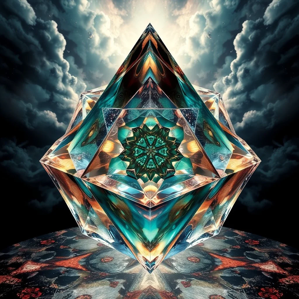 Dynamic hypnotic fractal 3D Pyramids pentagonal Symmetry and morphing between organic and geometric forms , smooth translucent iridescent glass with inner glow and bubbles, varied transparent materials, stormy skies, intense dramatic