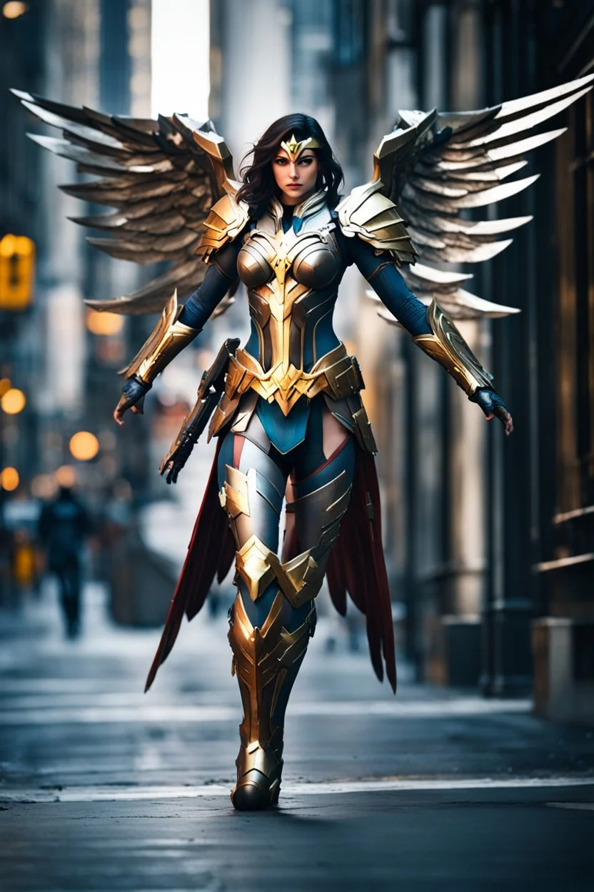 Close up gorgeous photography soft blur, HD realistic,super modeling girl as beautiful Angel straddle wings Wonder Woman ultra advanced warframe with the whole and full body full armor with ultra high resolution and details,walk in street city bussy.style: digital photography