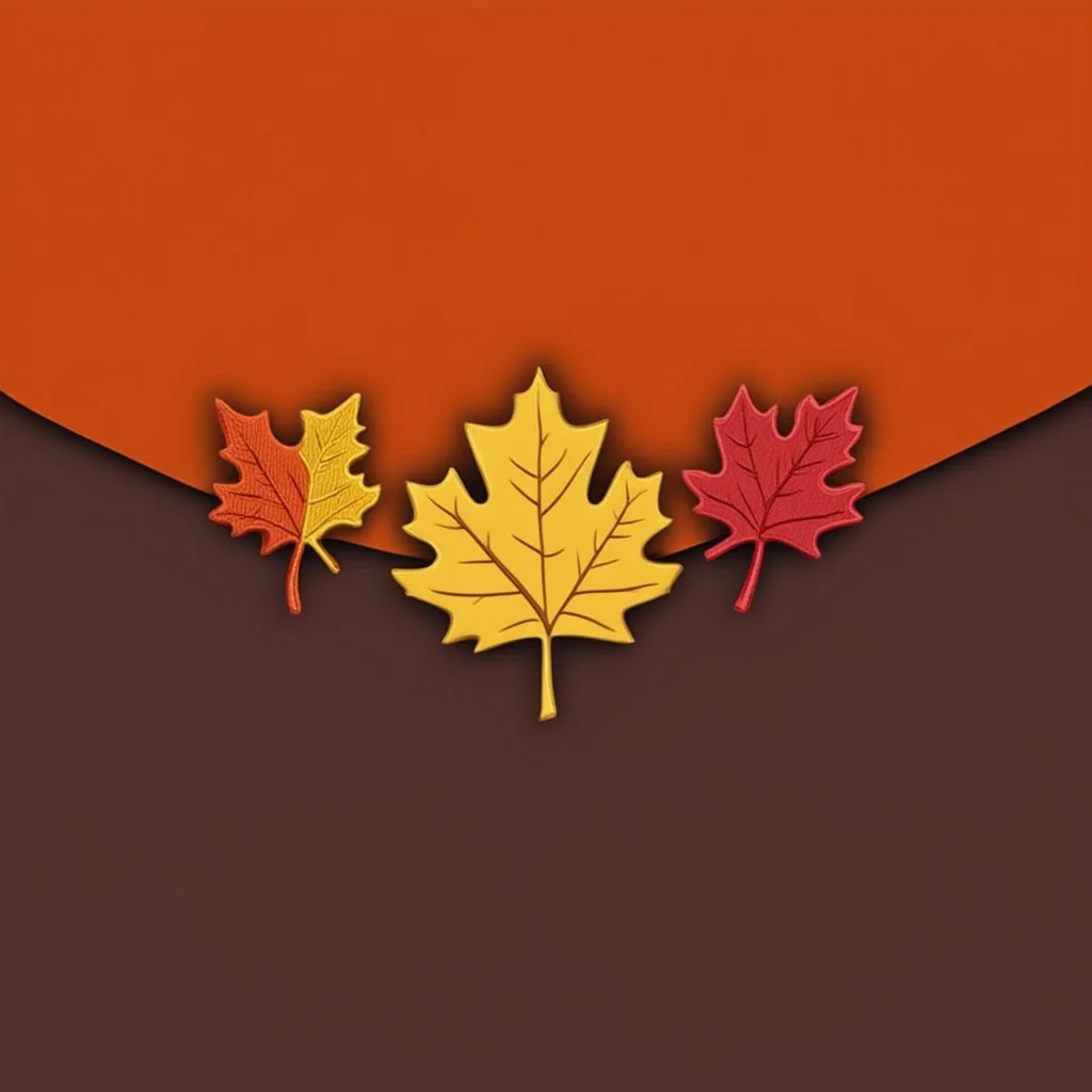 an autumn colored textured cloth embroidered ornamental leaves, pointed bottom, on darker textile background, embroidered text across top, Canadian western style