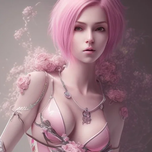 pink short hair, leaning pose, latex suit, realistic body, portrait, high lighting, intricate detail,
