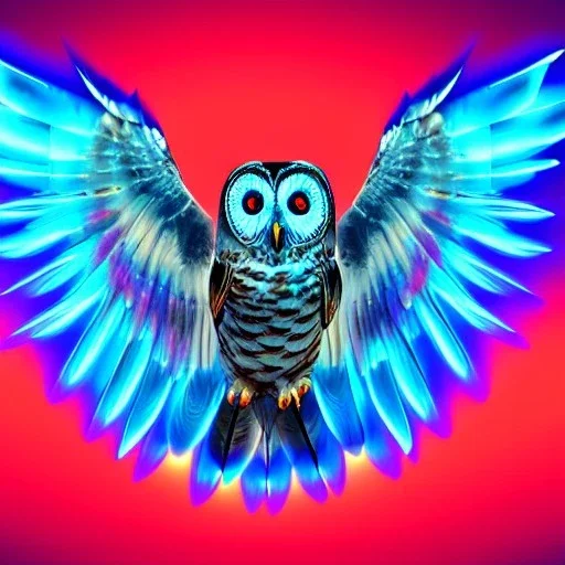 great illustrator, spanish, realistic rendering owl with metalic wings, red left eye, laced circuits, luminescent lights, vortex background