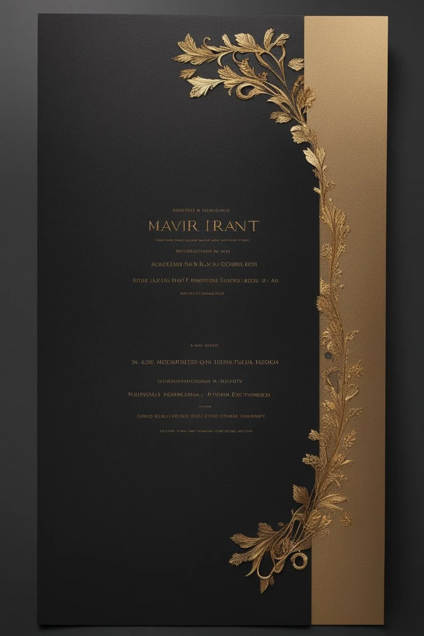 An extremely formal, funeral program for a black man on darkest bronze deeply pigmented velvet paper with brilliant, brightest heavy golden fonts, simple, minimalistic, less element, very dramatic lighting