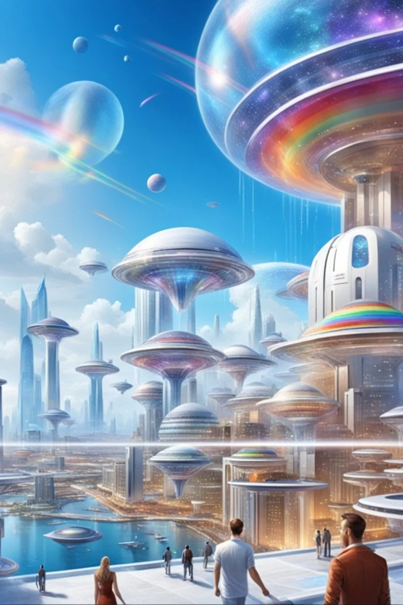 ville futuriste ultra moderne, ufos, rainbows,intergalactic city, cristal