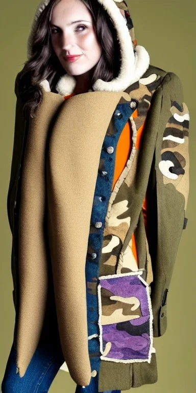 Image shows wholly a Brunette woman. average body type. Mantle is sewed of recycled Denim and sewed together of camouflage pieces. Camouflage colors are orange,terracotta, cream and purple. Cream latex gaiter. More yellow(Munsell)!!!Big bright purple/khaki felt tippet and cream or blue or lilac colored-hood. mantle is merged with satchel. . AKG-style headphones (gold rings!) is merged with small felt cap with small visor. Style: Haute Couture in 1936, Paris fashion in 2023.