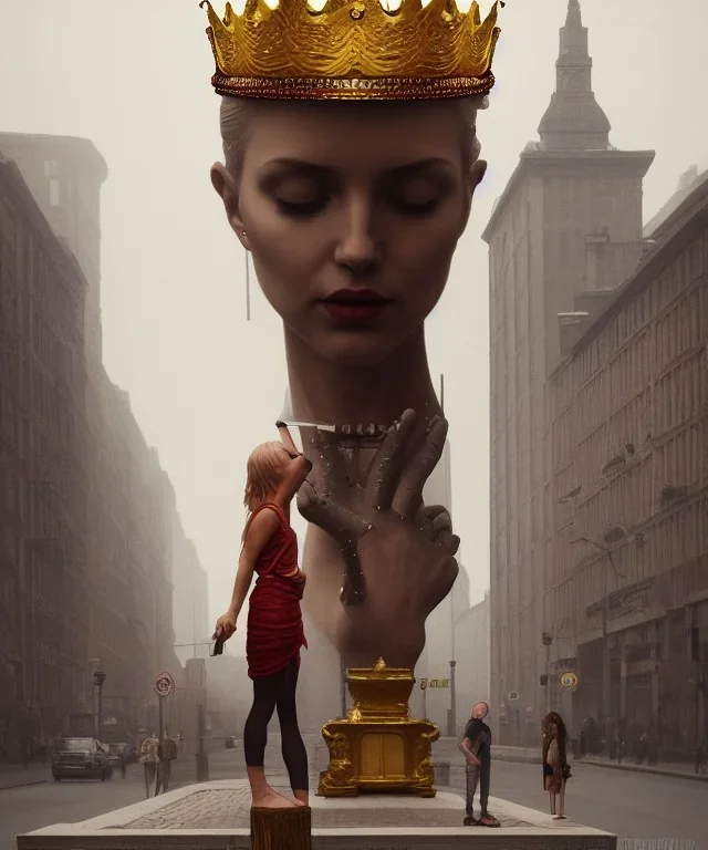 Statue of Queen of photography. Cute blonde woman. Photographer in golden crown. Standing on the street. Big camera in her hand. hyperdetailed, photorealistic, trending on artstation, greg rutkowski, beksinski, kodachrome