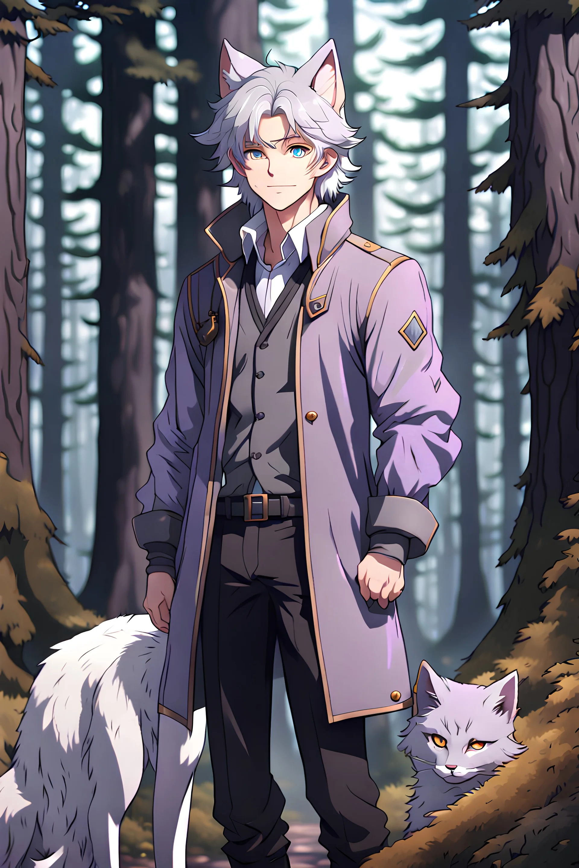 The handsome and perfect full body is on the spruce land, anime, a casual, gray-haired and lilac-eyed male character with wolf ears and a feline tail in the forest, 8K resolution, high quality, ultra graphics, and detailed with lines.