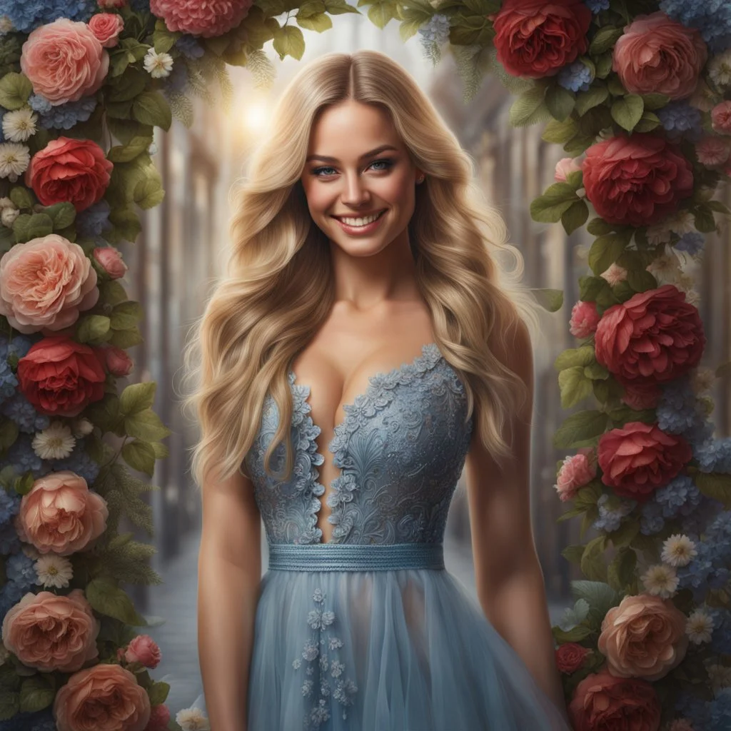 (best quality, 4k, 8k, highres, masterpiece:1.2), ultra-detailed, (realistic, photorealistic, photo-realistic:1.37),hyper realistic, full body gorgeous smiling 1woman,long hair,looking at viewer,realistic proportions,blue eyes,hair ornament,transparent top dress,very long hair,flower,blonde hair,parted lips,necklace,white dress,blonde hair,lips,joyful pastel background,freckles,realistic,head wreath, pink flower,realistic portrait, dreamy fantasy landscape countryside,great pespective,crystal