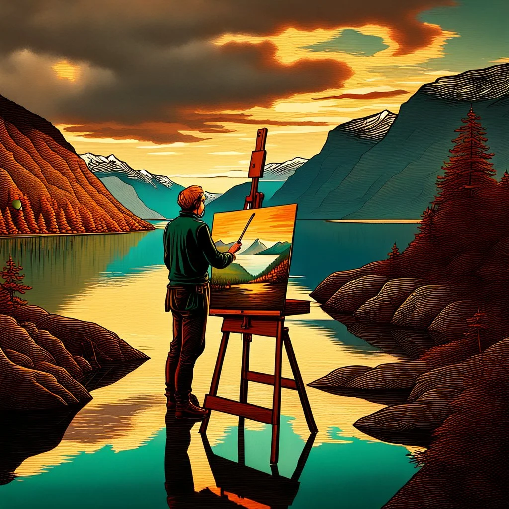 Long shot of an 18th century painter painting on an easel in nature taken from behind, in the background of a fjord in Norway with turquoise water, forested mountains reflected in the fjord, cloudy sky, sunset time, hyperrealistic shot, wide lens, 24K