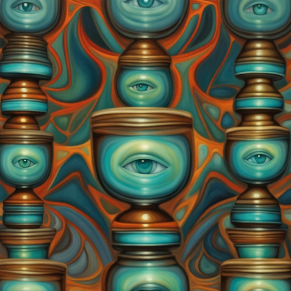 3D Shading psychedelic fluid by artist "Margaret Keane", glowing 3d symmetrical face in glass cup, larimar nacre bismuth, by artist "Shaun Tan"