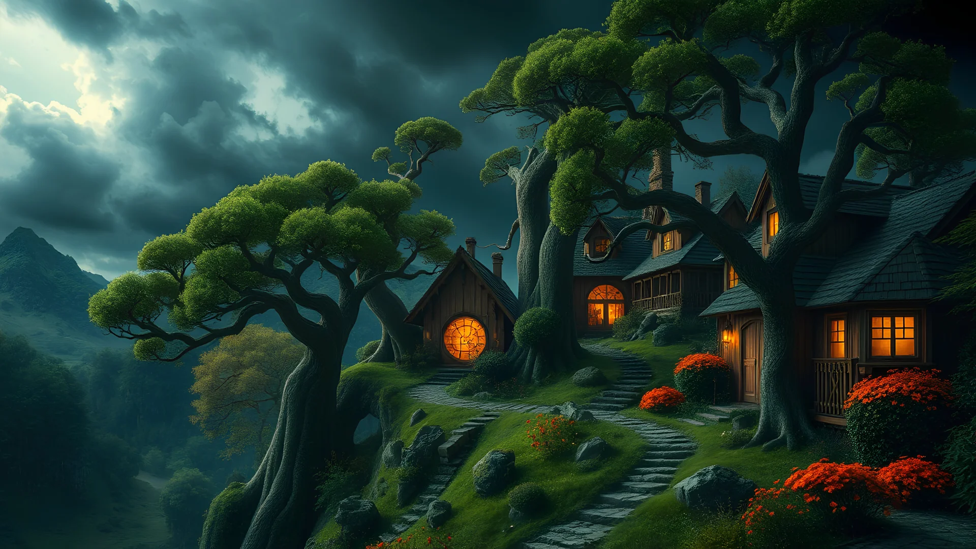 oasis of greenery in the otherwise dark and oppressive land in faraway fairy tale village, orange, yellow, where the trees twisted like gnarled fingers and the skies brooded with stormy clouds, 8k, high quality, trending art, trending on artstation, sharp focus, studio photo, intricate details, highly detailed, by tim burton