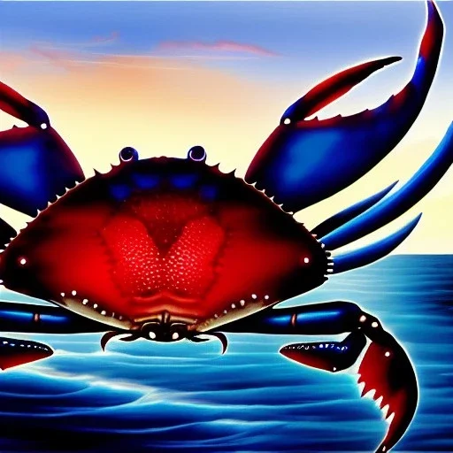 ultra detailed fullbody Drawing of Sea monster Gigantic Blue Crab on the shore ,with sharp teeth,with glowing red eyes, extremely detailed digital painting, intrincate, extremely detailed face,crystal clear Big eyes, in the style of Frank Frazetta, mystical colors , perfectly centered image, perfect composition, rim light, beautiful lighting, 8k, stunning scene, raytracing