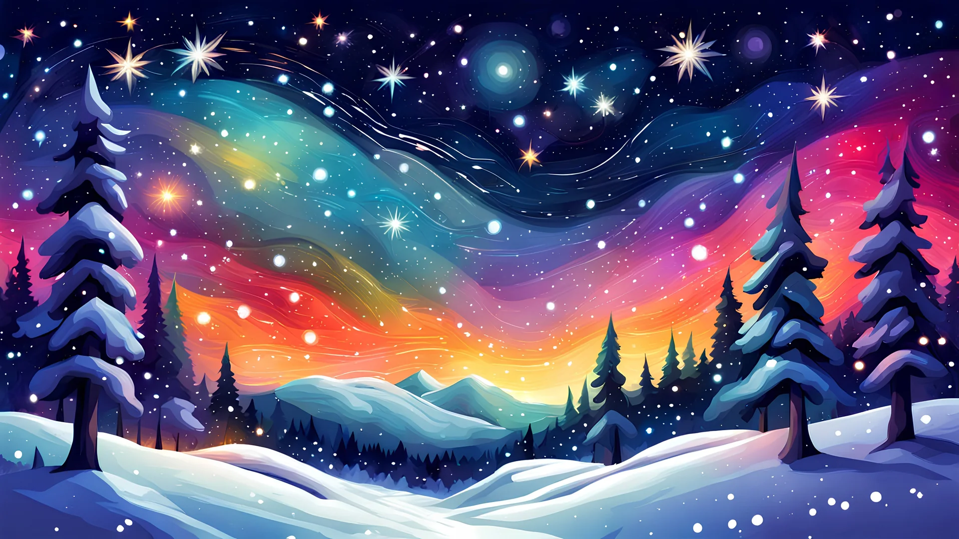 snowy starry night sky colorful