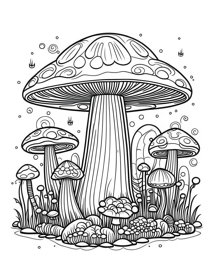 mushroom world minimalistic landscape. line art, background, vector, svg, coloring book page style, black outline on white background