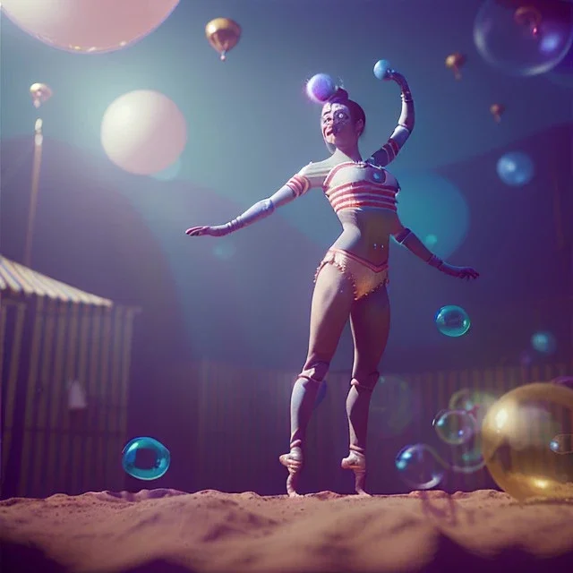 Ultra realistic circus scene. Classic acrobat woman, waist up view, Wes Anderson style, happy, bubbles, highly detailed, concept art, unreal engine 5, god rays, ray tracing, RTX, lumen lighting, ultra detail, volumetric lighting, 3d, finely drawn, high definition, high resolution.