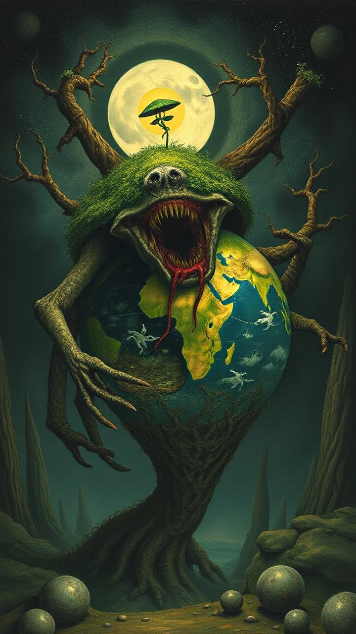 Hieronymus Bosch style nightmares , plant earth globe, swallowed by a monster alien