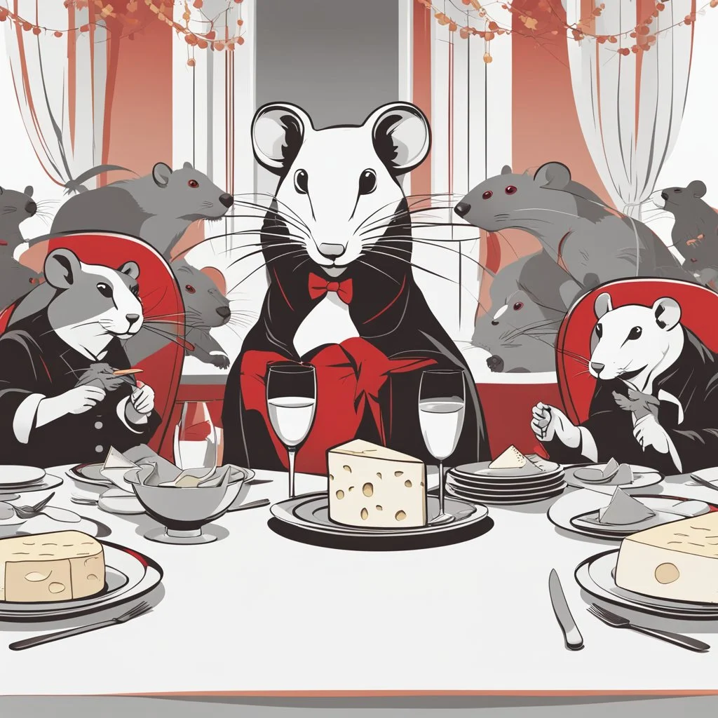 Vector illustration of a (((large rat sitting))) at a banquet table, eating a (((large cheese))), sitting at the same table, (((other rats watching the large rat eat))). White, red and black colors