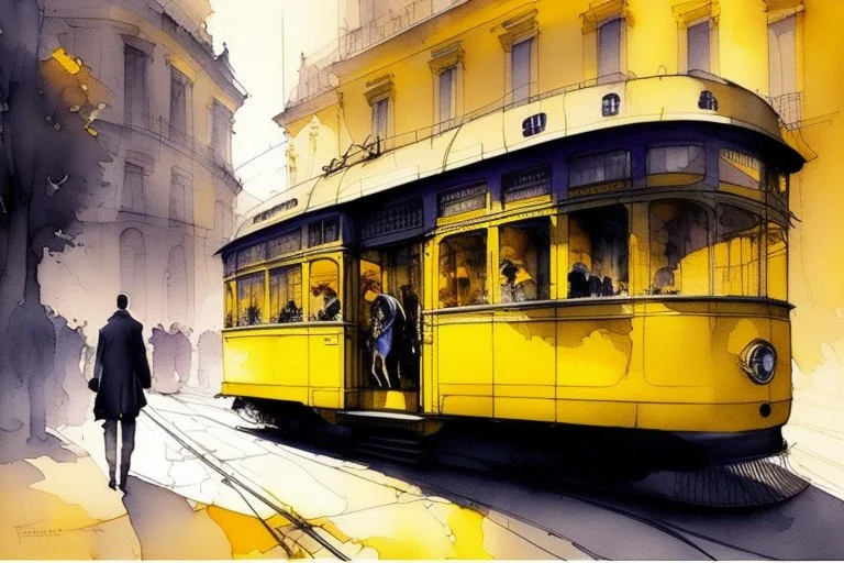 yellow tram in Budapest, style Alvaro Castagnet, Anton Pieck highly detailed elegant very attractive beautiful dynamic lighting watercolor aquarelle Thomas Wells Schaller