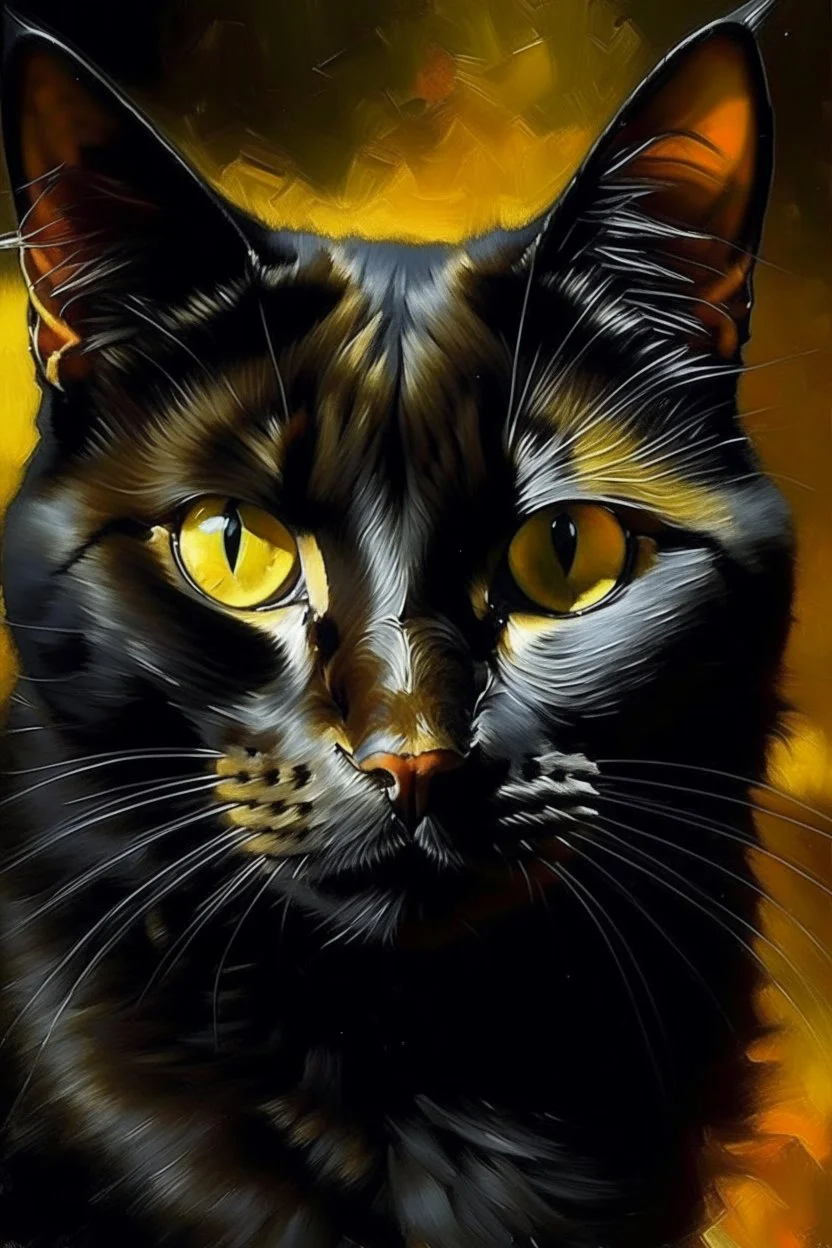 prompt: A painting that pays homage to the elegance and animal grace of a common black house cat, but also to its stealth and quickness as a dangerous predator, as demonstrated in its presence and seen in its eyes. golden intense eyes, shiny black fur