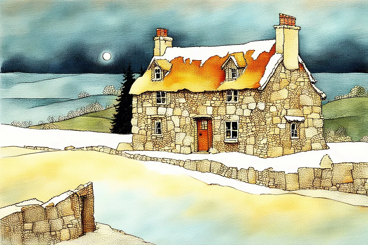 lone old stone cottage with lights on, by Frozen apocalypse " a patchwork art by Jamie heiden, peter doig, Renoir, pol Ledent, endre penovac, Gustave Loiseau, Arthur Rackham, Doug Chinnery, Maud Lewis. inlay, watercolors and ink, beautiful, fantastic view, extremely detailed, intricate, best quality, highest definition, rich colours. intricate beautiful dynamic lighting award winning fantastic view ultra detailed 4K 3D high definition hdr elegant intricate beautiful award winning fantastic view