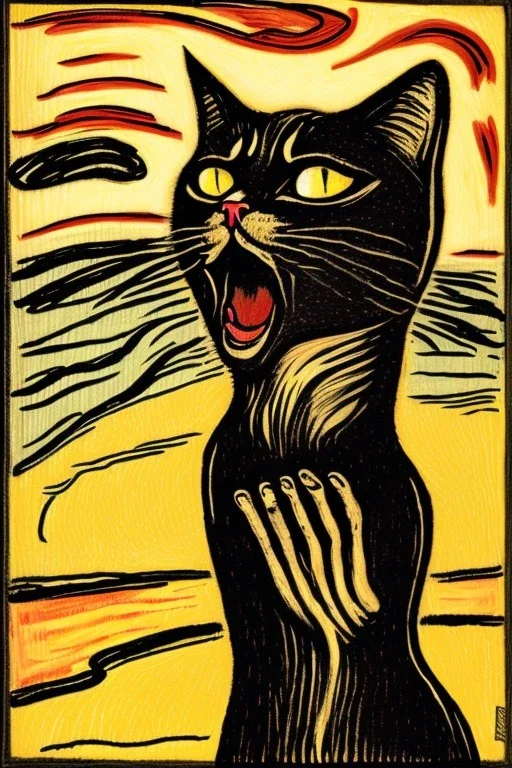 Cat holding her head with her hands. The scream Edvard Munch. Painting style of Edvard Munch