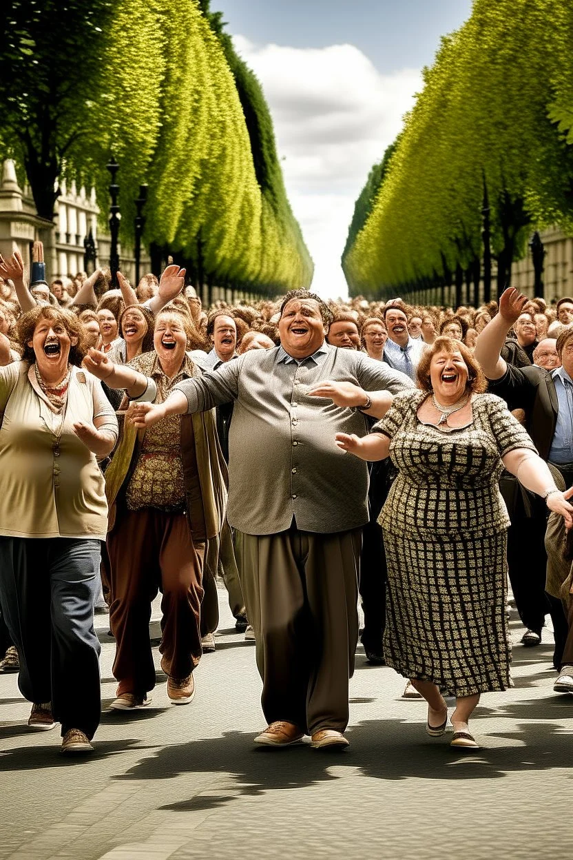 une joyeuse famille souriantea very, very wide boulevard with a crowd of all morbidly obese peoples walking towards the camera, some with their hands raised in the air. They are all very angry.