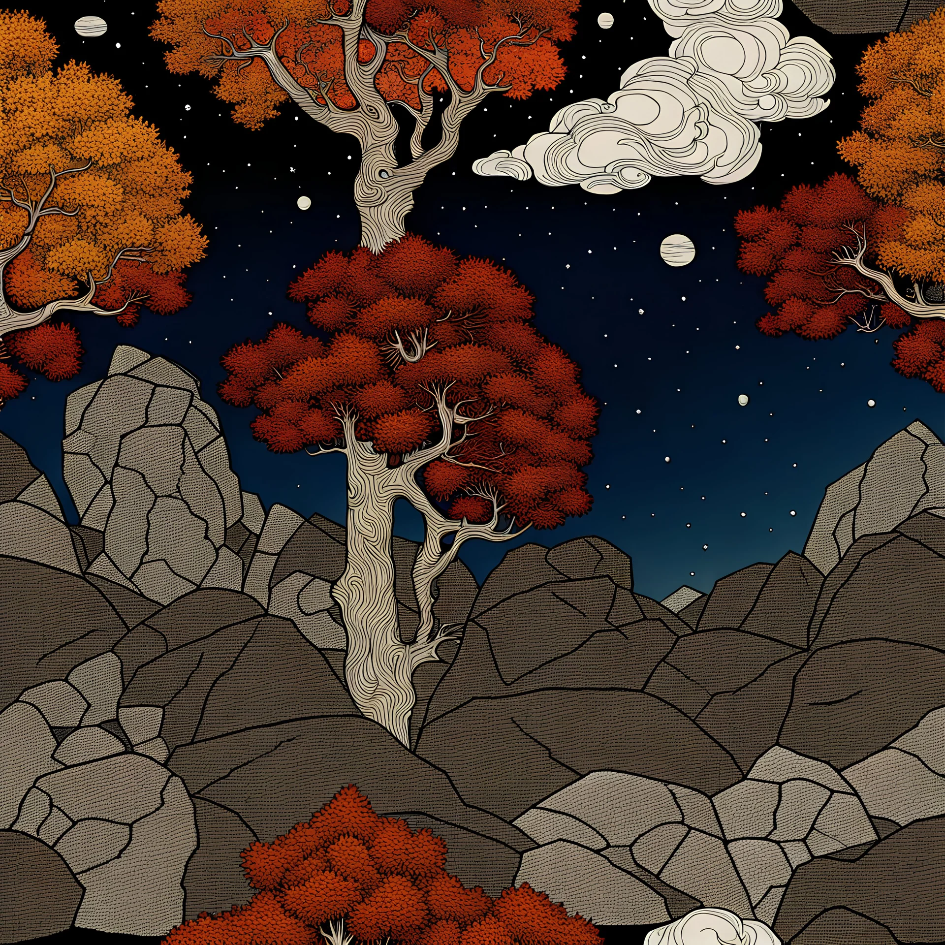 Autumn colors, peaceful, Egon Schiele, Max Ernst, Vincent Van Gogh, silver rust gradient, night sky filled with galaxies and stars, rocks, trees, flowers, one-line drawing, sharp focus, 8k, deep 3d field, intricate, ornate