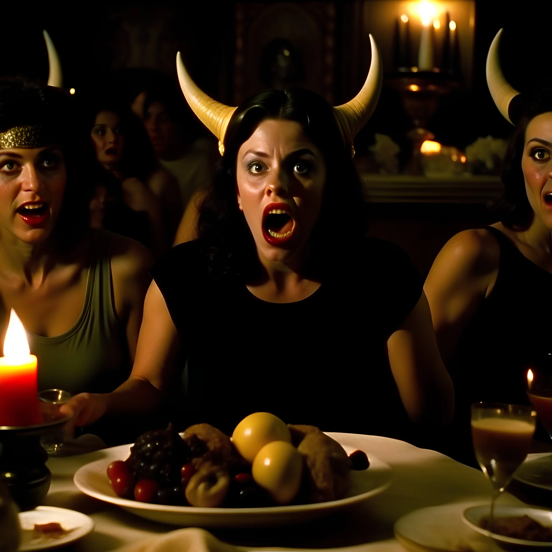 Movie shot, spooky, ultra realistic distress, horns macabre ritual dining, mask, ultra realistic hot woman, pieces of meat silver organic dynamic anguish, excited and lively scene, hot women, hypermaximalist figures, creepy, Alfred Hitchcock, Sam Raimi, insanely detailed, sinister, Dario Argento, ornate