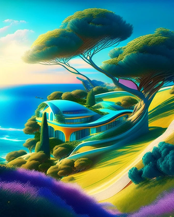 Country houses with sea views Zaha Hadid style hills trees sunny weather complementary colors hyper-realistic digital art 8k