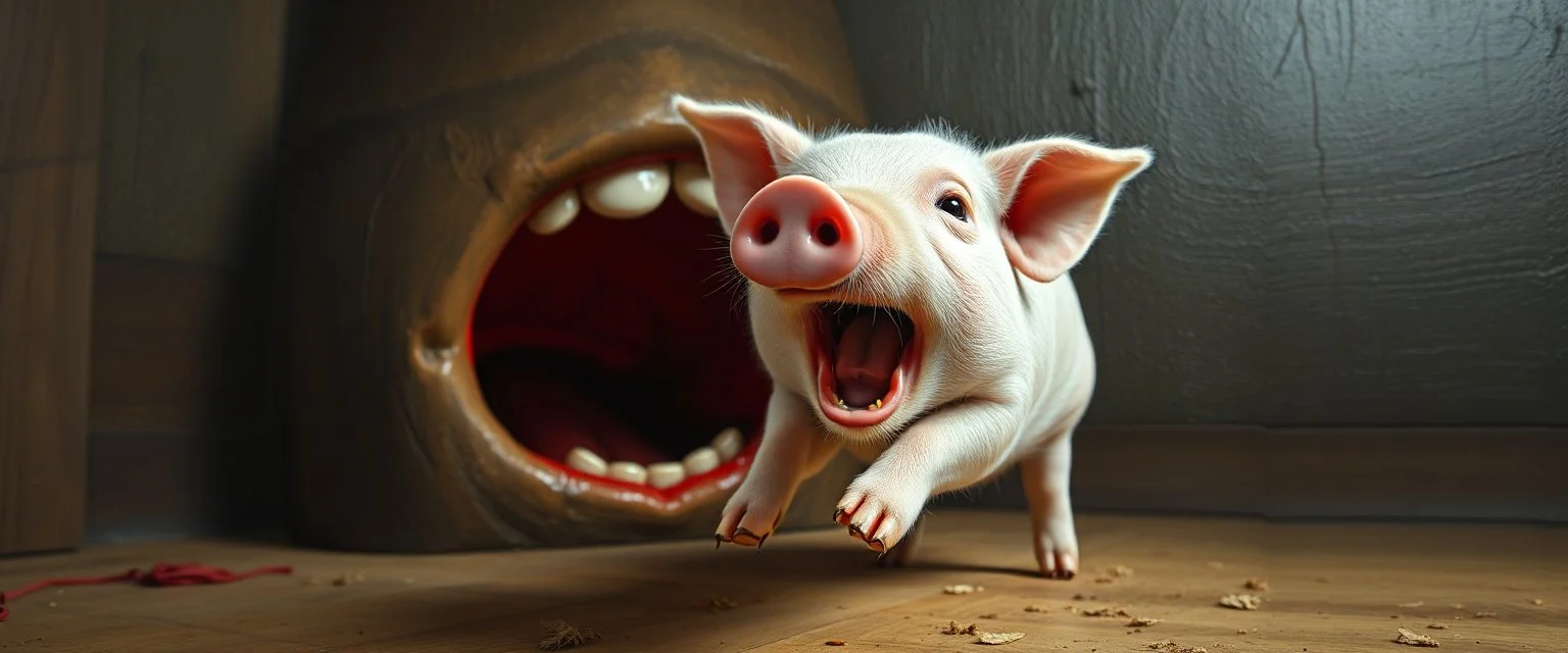 pin hole cam, master oil painting by Rembrandt, marzipan pig runs in panic in front of a big red mouth